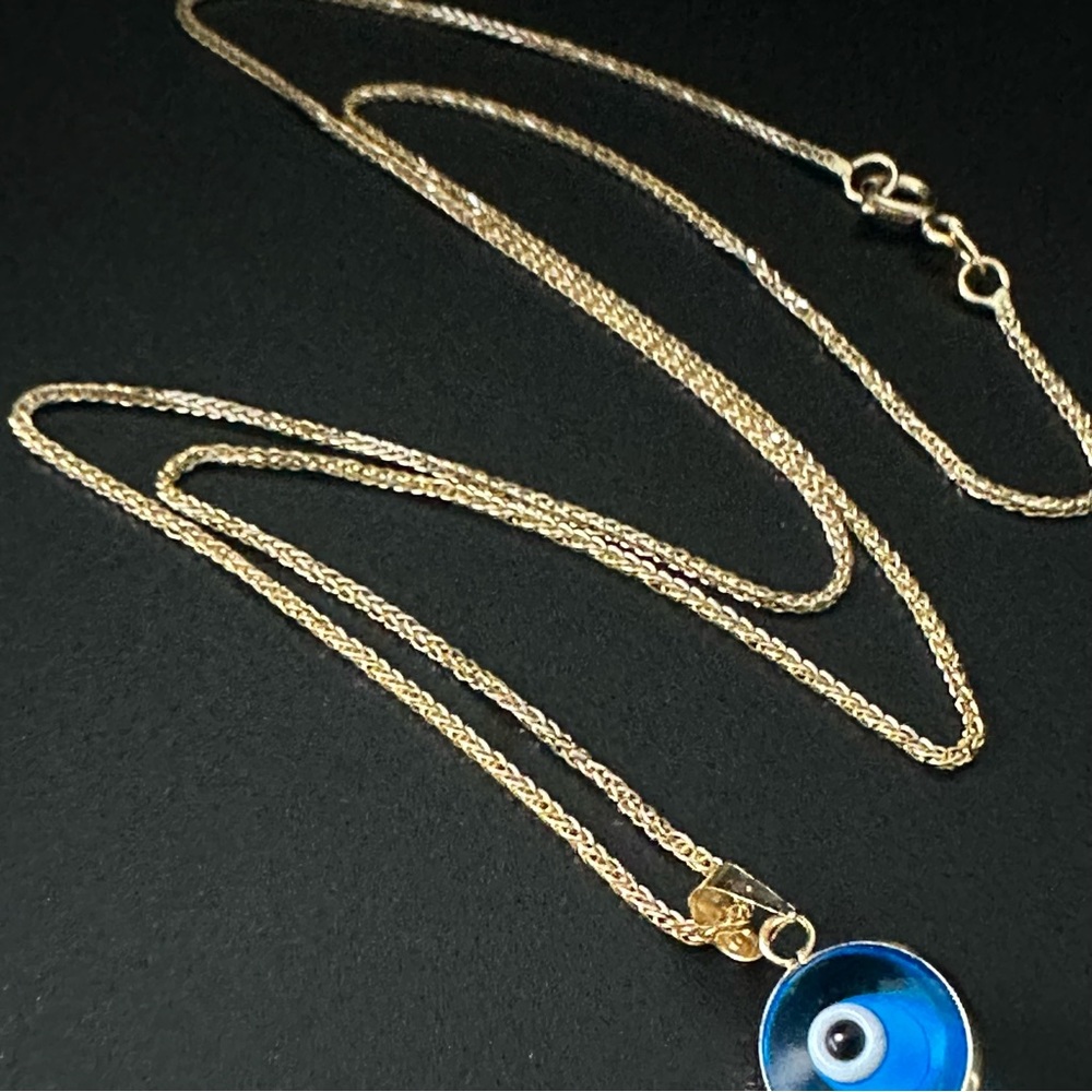 18”14K Gold Spiga Solid Chain & 14K Gold evil eye beaded pendant. ( 2 piece) - Picture 5 of 17